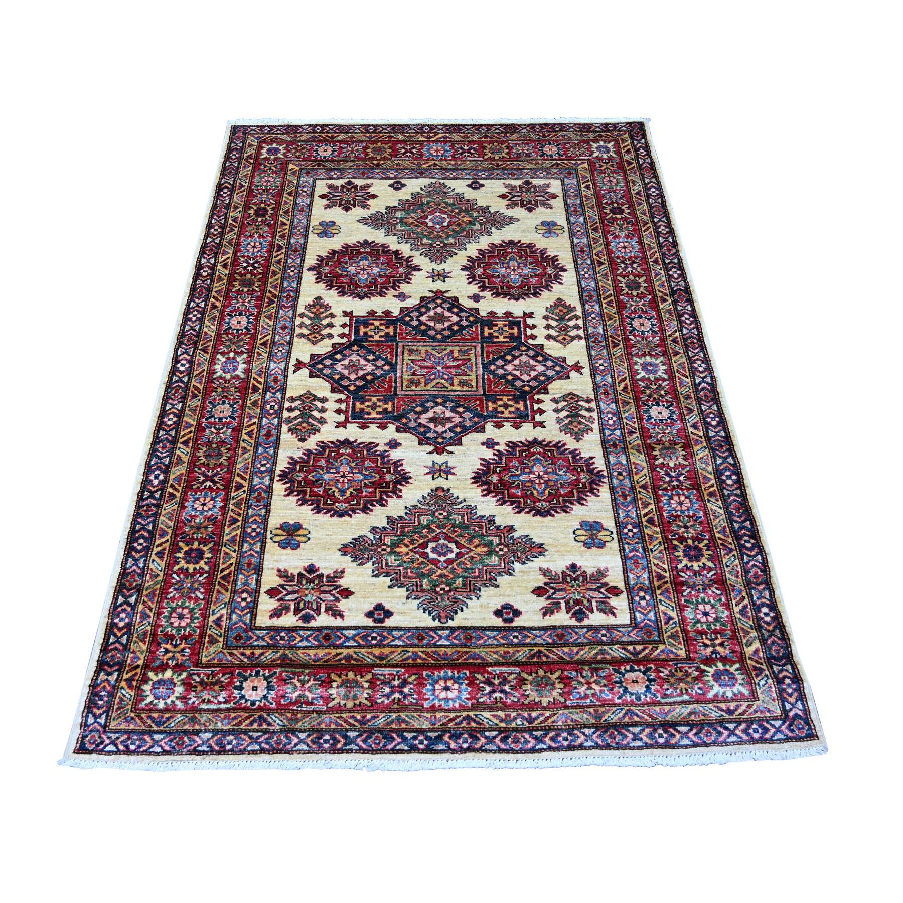 Chiffon White, Afghan Super Kazak with Geometric Medallions Design, Hand Knotted, Soft Wool, Vegetable Dyes, Oriental Rug